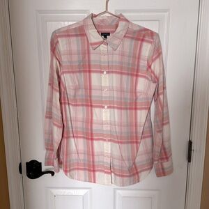 Talbots pink, peach and gray plaid shirt.  Size M